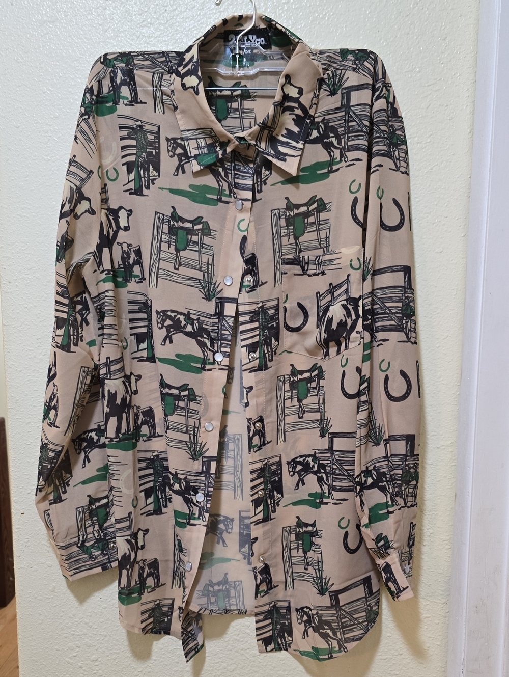 2 FLY CO Vintage Western Print Beige Shirt with Green Accents